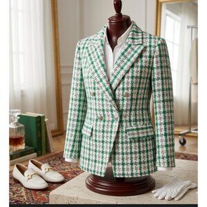 Womens Green & White Plaid Tweed SHEIN  XLDouble-Breasted Blazer Jacket With Lap